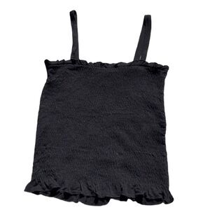 Black Smocked Ruffle Trim Tank Top